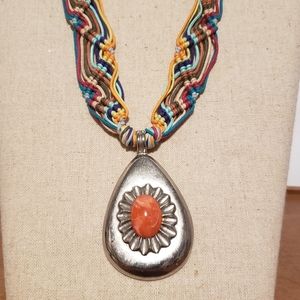 Boho Woven Silver Tone Peach Cabochon Necklace